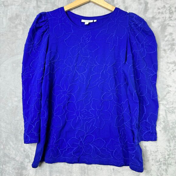 Chicos Top Womens Large Blue Knit Embroidered Floral Puff 3/4 Sleeve Stretch - Picture 1 of 10